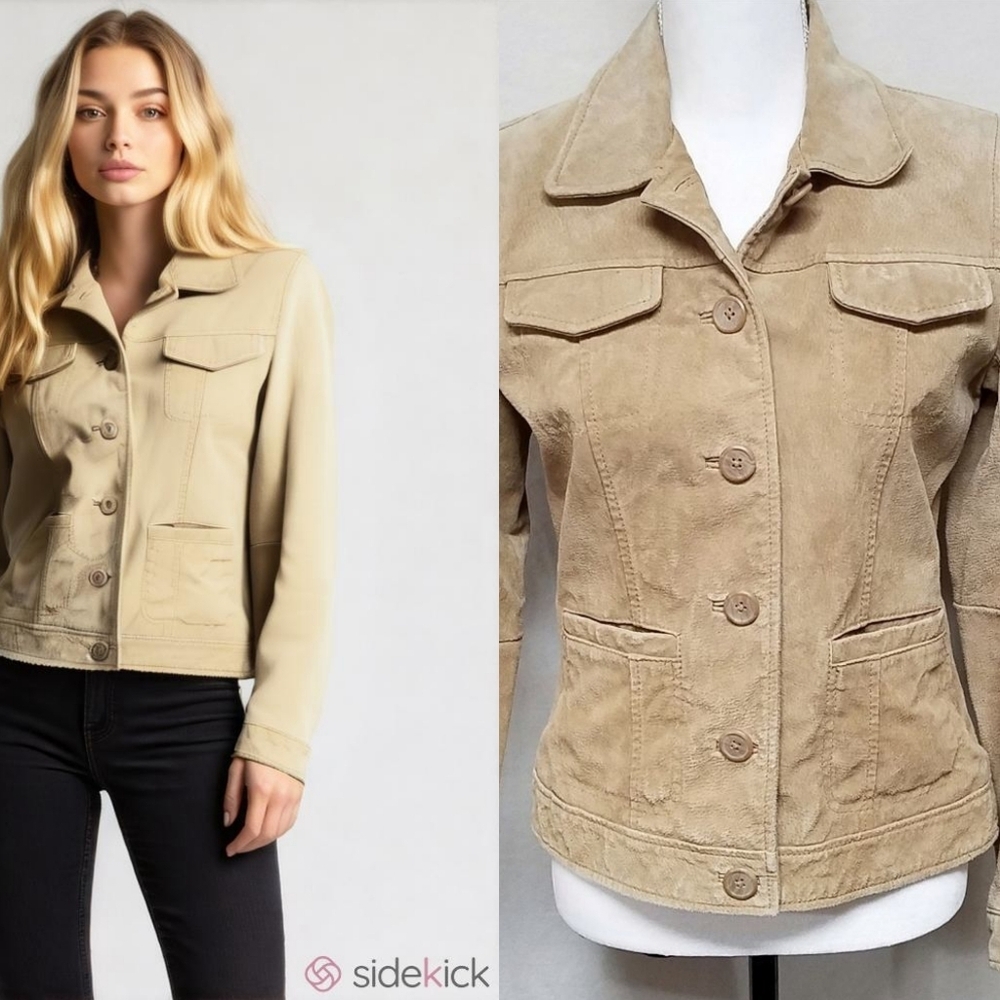 Relativity Vintage 90s Sand Suede Leather Button Up Pointed Collar Jacket S